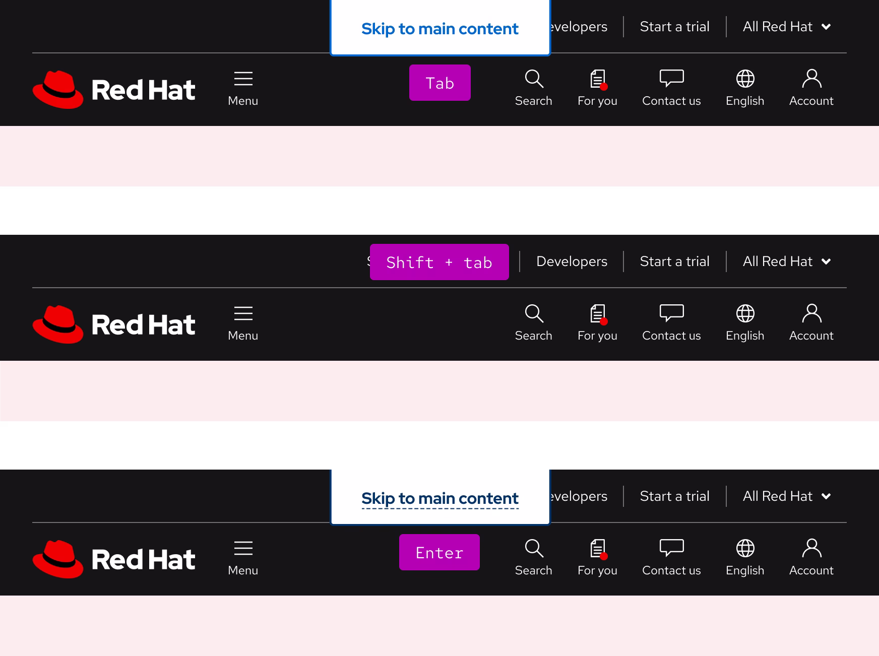 Screenshots of navigation with and without skip link showing and keyboard navigation text