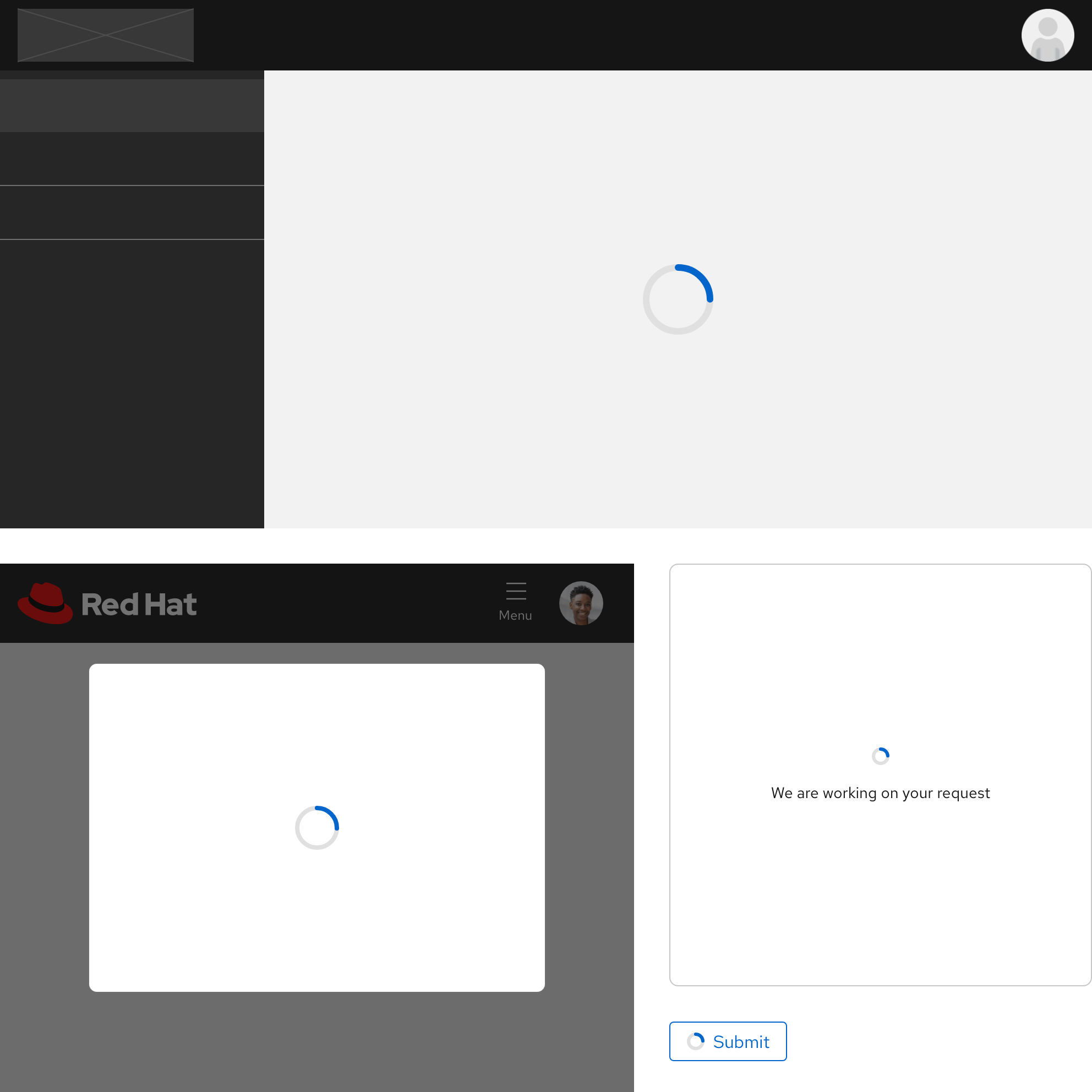 Spinner usage examples; from top to bottom, an app, a dialog, a card, and a button showing spinners of various sizes with and without text labels